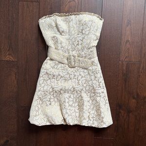 Women’s BCBG Cream and Gold Metallic Bubble Hem Mini Dress 2